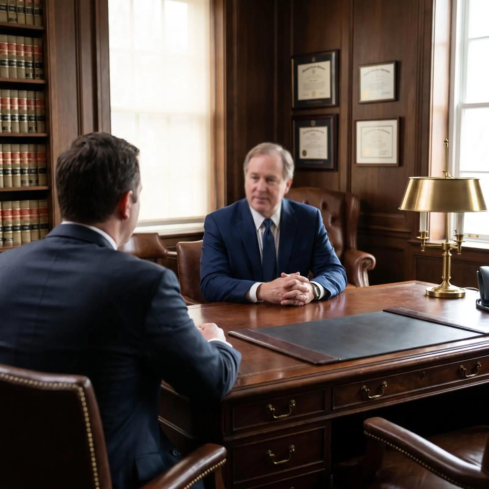 An attorney meeting a client across the desk in a law office