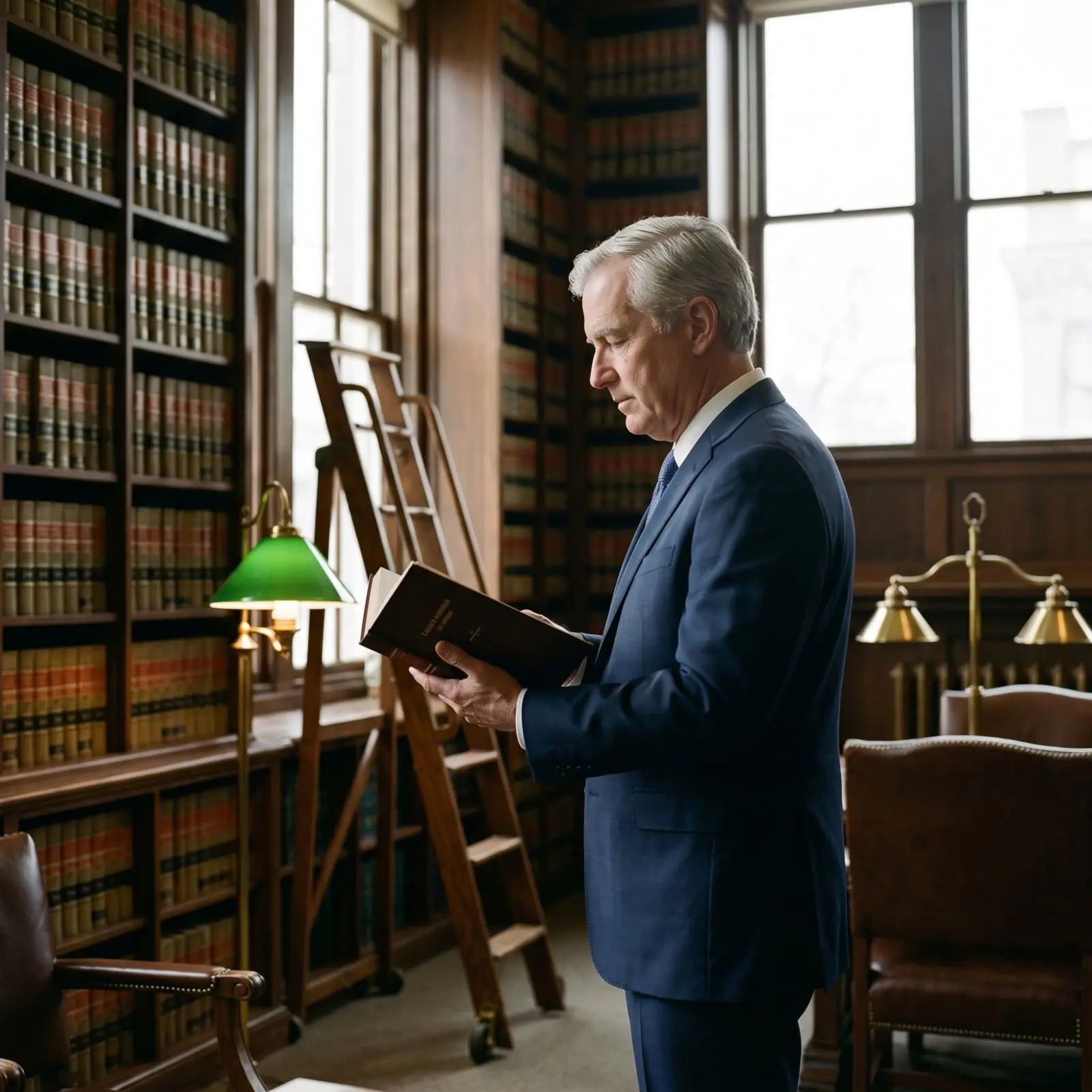 A law firm partner reading a law book in the firm library