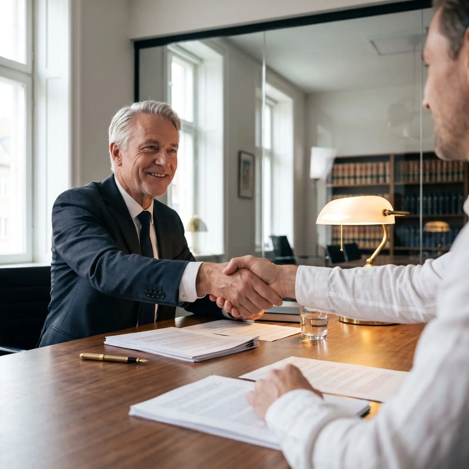 An attorney shaking hands with a client across the conference table after a meeting