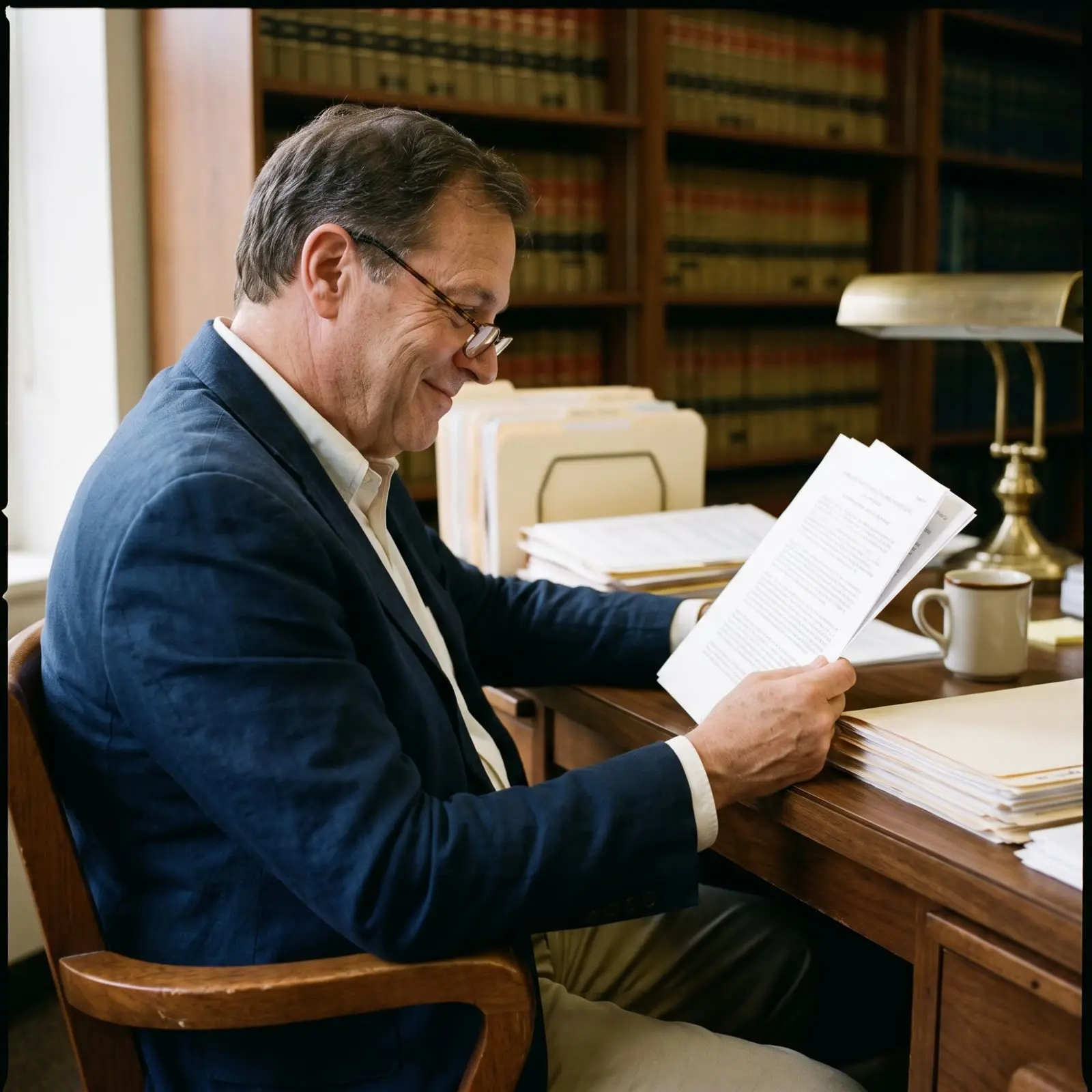 An attorney reading a printed performance report at his desk